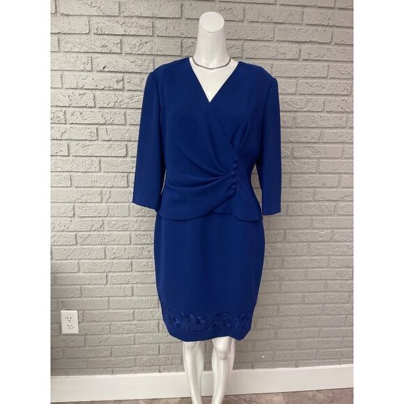 Donna Morgan Women Petite Blue Embroidered Hem Dress Size 10P - Picture 1 of 10